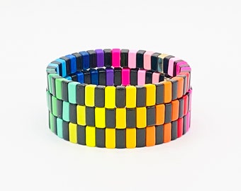 Pride Month Bracelet, Black Rainbow Narrow Enamel Tile Bracelet, Colorblock Bracelets, Tile Beads Bracelets, Stretchy Stacking Bracelets