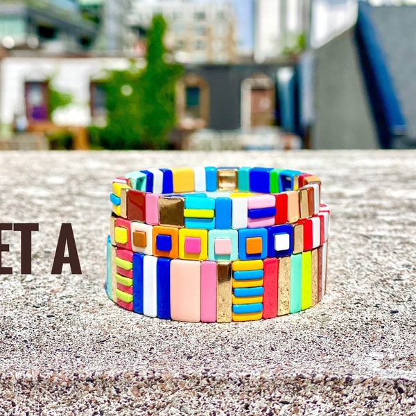 Summer Color Enamel Tile Bracelet Sets, Colorblock Bracelets, Tile Beads Bracelets, Stacking Bracelets, Stretchy Bracelets, Boho Bracelets