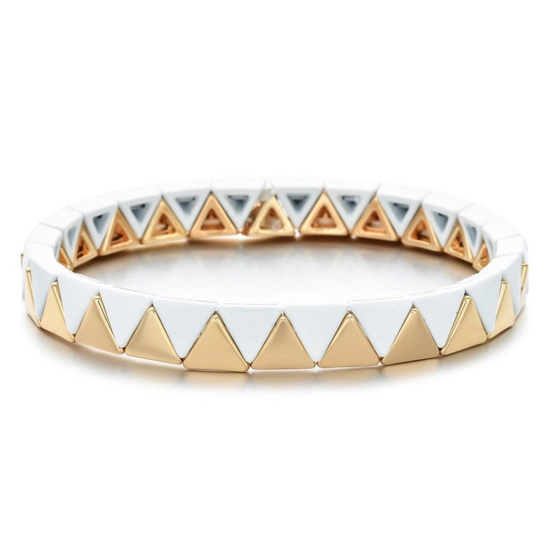 Bracelets de tuiles en émail triangle or et blanc, bracelets de blocs de couleurs dorés, bracelets de perles de tuiles, bracelets empilables, bracelets Boho image 1