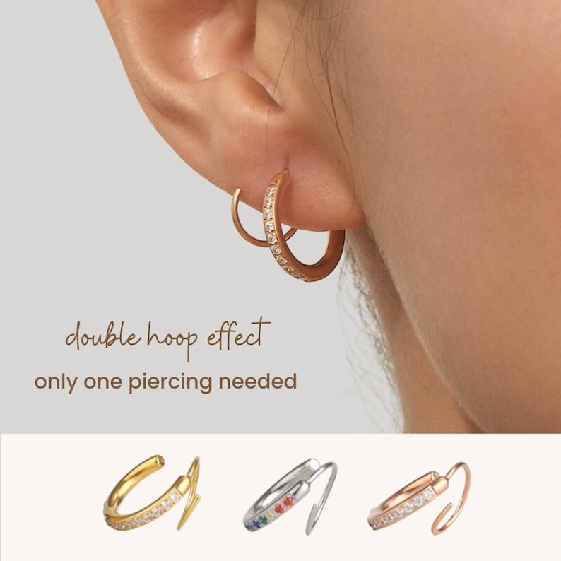 18K Gold Plated Single Pierced Double Hoops, Pave Spiral Earrings, Rose Gold Spiral Hoop Earring, Dainty Hoop Earring, Tiny Huggie Hoops image 1