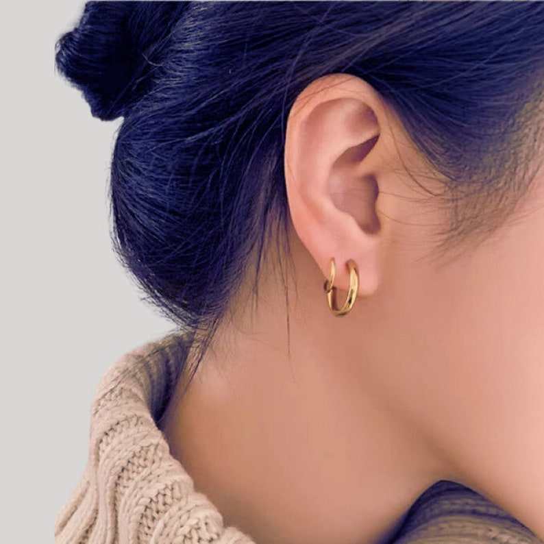 18K Gold Plated Single Pierced Double Hoops, Pave Spiral Earrings, Rose Gold Spiral Hoop Earring, Dainty Hoop Earring, Tiny Huggie Hoops image 6