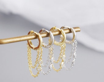 S925 Double Short Chain Earrings, Gold Chain Hoop Earrings, Silver Chain Hoop Earrings, Gold Hoops, Huggies, Dainty Gold Hoops, Punk Earring