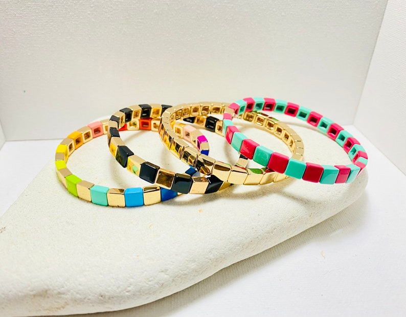 6mm Thin Gold Rainbow Tile Bracelet Sets, Colorblock Bracelets, Tile Beads Bracelets, Stacking Bracelets, Stretchy Bracelets, Boho Bracelets Set of 4 (one each)