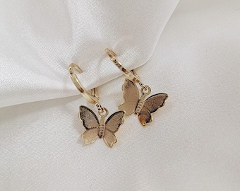 18K Gold Plated Butterfly Earrings (A Pair), Gold Butterfly Huggies, Dainty Hoops, Gold Huggies Dainty Gold Hoops Earrings for Her