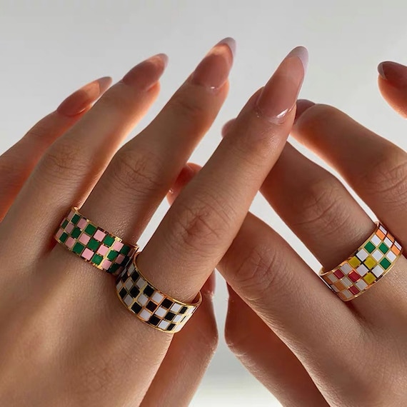 18K Gold Plated Checkered Black and White Ring, Checkered Rainbow Ring, Checkered B&W Ring, Chunky Band Ring, Gift for Her, Gift for Him