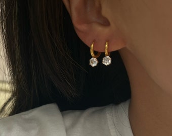 18K Gold Plated Round Cut CZ Classic Hoops (A Pair), Gold CZ Hoop Earrings, Diamond Hoop Earring, Minimal CZ Hoops