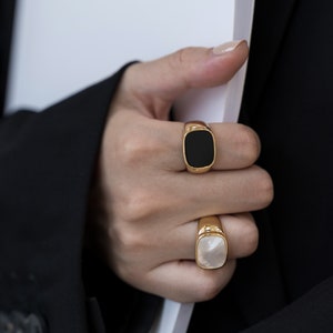 18K Gold Plated Mother-of-Pearl Ring, Chunky Gold Ring, Black Pax Ring, Signet Ring, Black Onyx Ring, Stacking Ring, Gift for Her SR0001 image 1