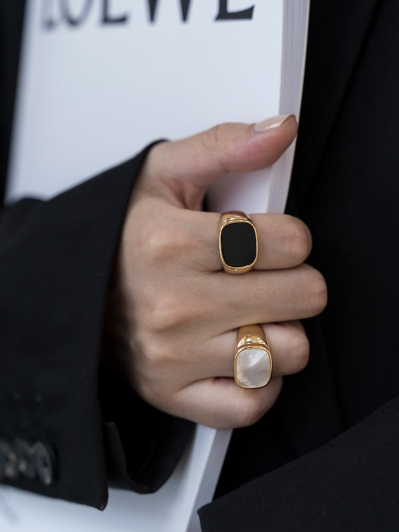 18K Gold Plated Mother-of-Pearl Ring, Chunky Gold Ring, Black Pax Ring, Signet Ring, Black Onyx Ring, Stacking Ring, Gift for Her SR0001 image 1