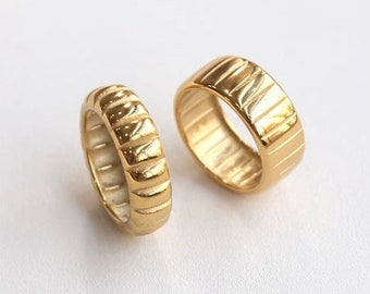 18K Gold Plated 6mm/8mm Wide Flat Croissant Ring, Gold Textured Ring, Gold Band, Gold Chunky Ring, Wheel Ring, Stacking Rings