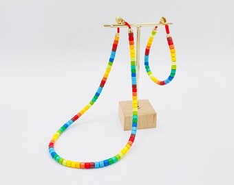 Pride Month Necklace, Rainbow Thick Round Enamel Tile Beads Short Necklace, Tila Tile Necklace, Colorblock Necklace, Enamel Beads Choker