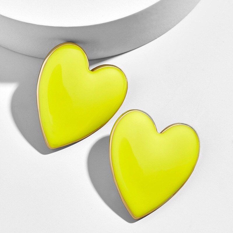 Enamel Heart Studs Big Heart Earrings Statement Earrings Etsy