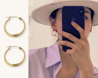 18K Gold Plated Minimalist Double Hoop Earrings (A Pair), Bridesmaid Gifts, Hen Do Earrings, No Tarnish Hoops, Lightweight Earrings, HE0004