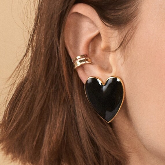 Enamel Heart Studs Big Heart Earrings Statement Earrings Glossy