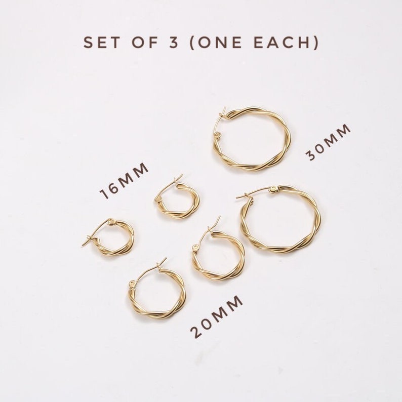 18K Gold Plated Minimalist Twist Hoop Earrings A Pair, Everyday Hoops, Bridesmaid Gifts, Hen Do Earring, Silver Hoops, Lightweight Earring Set of 3 (one each)