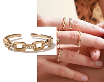 Verstelbare 18K vergulde CZ kettingring, minimalistische ringen, sierlijke gouden band, stapelring, sierlijke CZ ring, stoeprand kettingring, CZ link ring