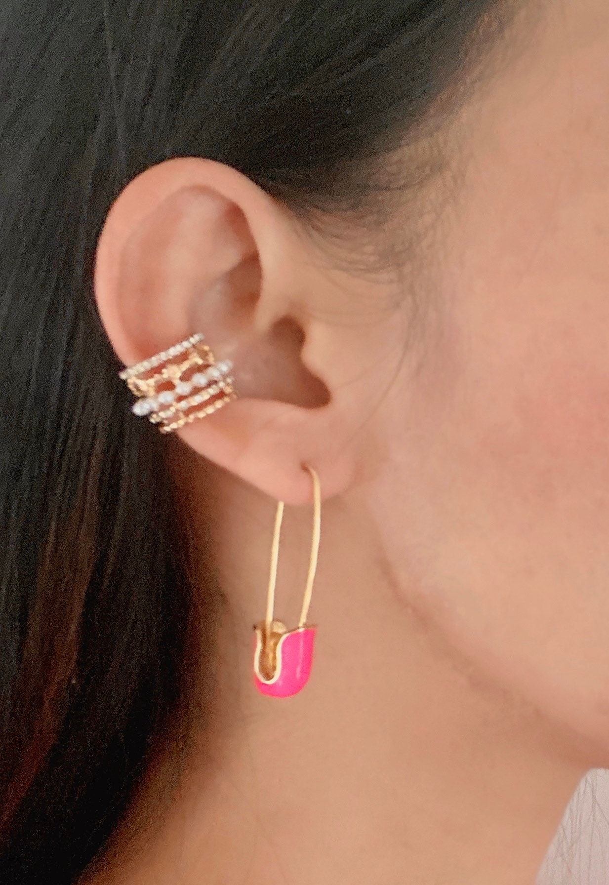 Large Enamel Rainbow Full Safety Pin Earrings A Pair Neon Pink