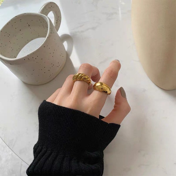 18K Gold Plated Dome Croissant Ring, Gold Twist Rope Ring, Gold Band, Gold Chunky Ring, Croissant Ring, Stacking Rings
