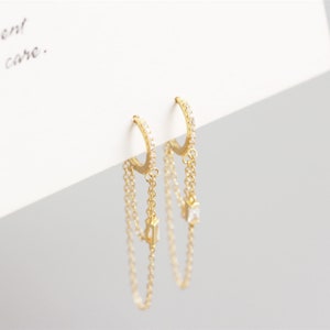 S925 Double Long Chain Earrings, Gold Chain Hoop Earrings, Silver Chain Hoop Earrings, Gold Hoops, Huggies, Dainty Gold Hoops, Punk Earring image 3