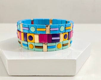 Vierkante & Ronde Emaille Tegel Armband, Colorblock Armbanden, Tegel Kralen Armbanden, Stapelarmbanden, Rekbare Armbanden, Boho Armbanden