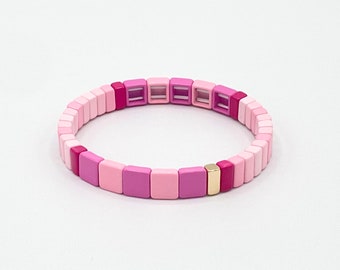 Gradient Pink Enamel Tile Bracelets, Colorblock Bracelets, Tile Beads Bracelets, Stacking Bracelets, Stretchy Bracelets, Boho Bracelets