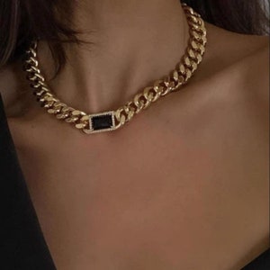 18K Gold Plated 12MM Curb Chain Center Stone Necklace, Bold Curb Chain Earrings, Chunky Cuban Chain Choker, Gold Chunky Thick Chain