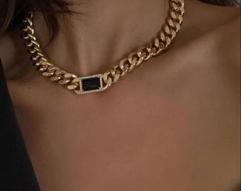 18K Gold Plated 12MM Curb Chain Center Stone Necklace, Bold Curb Chain Earrings, Chunky Cuban Chain Choker, Gold Chunky Thick Chain