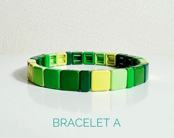 Green Ombré Enamel Tile Bracelet Sets, Spring Color Colorblock Bracelets, Gift for Her, Tile Bracelets, Enamel Bracelets, Stacking Bracelets