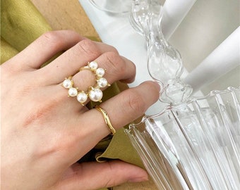 Adjustable Baroque Faux Pearl Rings, Chunky Gold Ring, Faux Pearl Ring, Pearl Statement Ring, Half Moon Ring, Statement Ring, Gift for Her