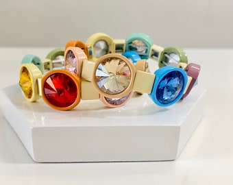 Oversized Rainbow Crystal Emaille Tegelkralen, Crystal Colorblock Armbanden, Emaille Kralen, Trendy Tila, Stretch Armbanden, Tegelkralen