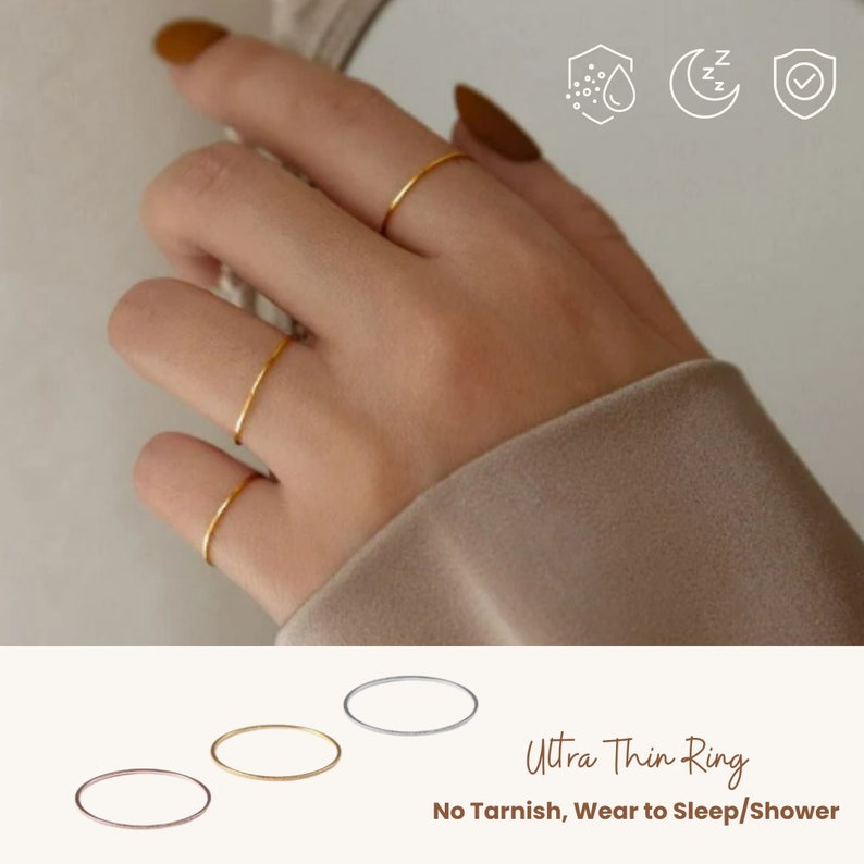 Set di anelli impilabili ultra sottili, anello minimalista placcato in oro 18 carati/oro rosa/argento, anello impilabile minimo, anello in oro Midi, anello impilabile delicato immagine 1
