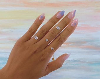 18K vergulde verstelbare bungelen edelsteen ring, sterling zilveren minimalistische ring, roze diamanten ring, midi ring, stapelbare ring, MR0002