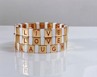 Live Laugh Love Emaille Tegel Armband Sets, Colorblock Armbanden, Tegel Kralen Armbanden, Stapelarmbanden, Motivatie Armbanden