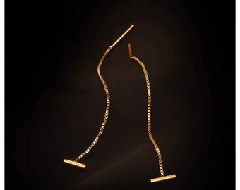18K Gold Plated Threader Earrings, Dainty Chain Earrings, Pull Through Earrings, Minimalist Ear Wire, Bar Ear Threader, Gold String Earrings