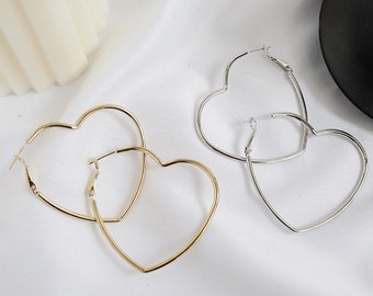 2” 5cm Lightweight Heart Hoops, Large Gold Hoop Earrings, Chunky Hoops, Silver Hoop Earrings, Light Weight Hoops, Large Hoop Earrings