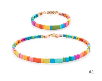 6mm Enamel Tile Beads Choker and Bracelet (Series A), Tila Tile Choker, Colorblock Bracelet, Enamel Beads Choker, Tile Beads Bracelet