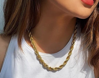 18K Gold Plated 8MM Twist Chain Necklace, Bold Chunky Rope Chain Choker, Stacking Twist Chain Necklace, Layering Rope Necklace