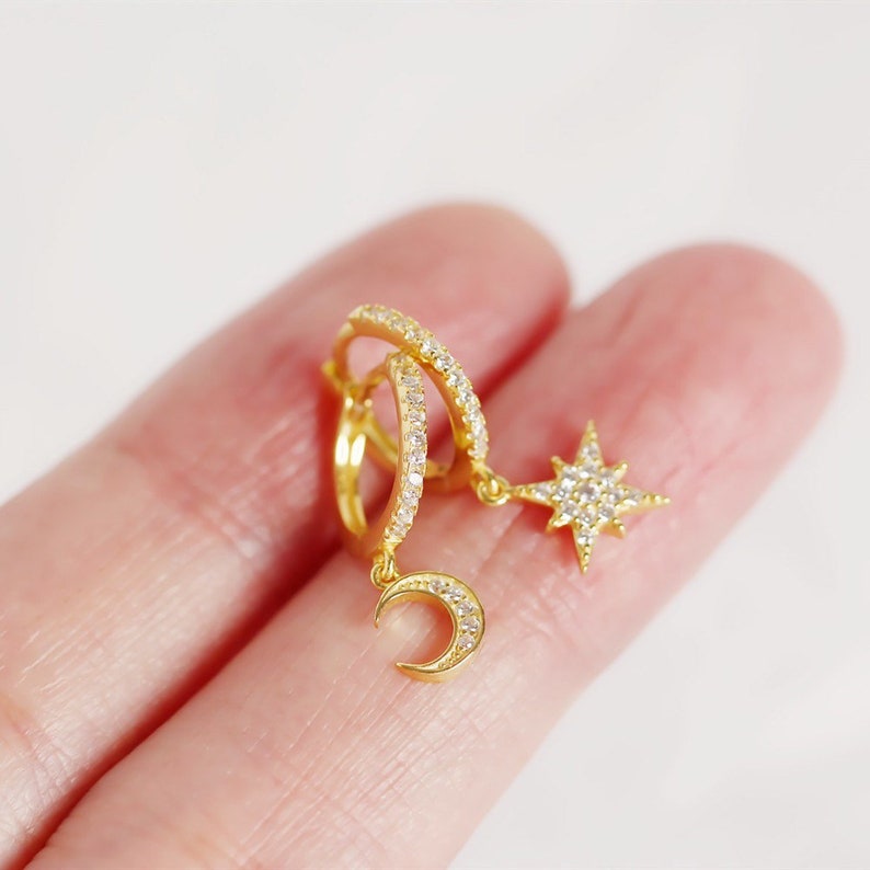 S925 CZ Star & Moon Hoop Earrings, CZ Celestial Earrings, Bridesmaid Gifts, Minimalist Earrings, Dainty Gold Huggies image 6
