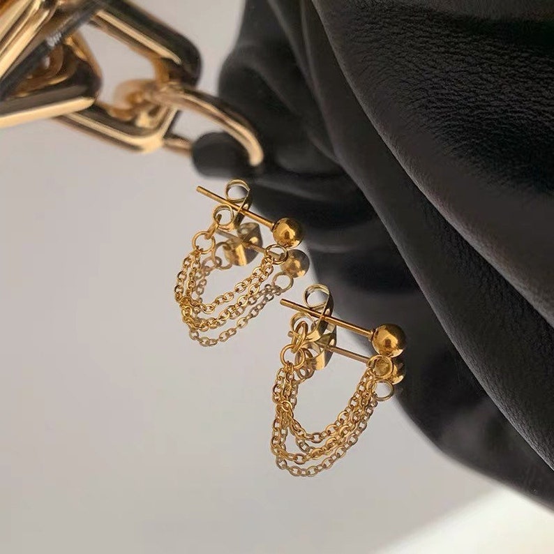 Minimum Dainty Double Chain Earrings Gold Chain Hoop - Etsy