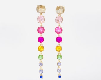 Rainbow Crystal Dangle Earrings, Statement Earrings, Diamond Earrings, Drop Earrings, Party Earrings, Statement Hoops, Crystal Earrings