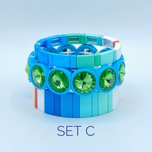 Ocean Donation Bracelets, Protect Our Ocean Bracelets, Oversized Crystal Ocean Blue Enamel Tile Bracelet, Colorblock Bracelet, Tile Bracelet SET C