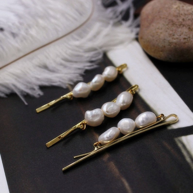 Freshwater Baroque Pearl Hair Clip in Gold or Silver, Genuine Pearl Barrette, Wedding Hair Accessory, Bridesmaid Gifts, Hen Do Barrette Gift Set of 3 Clips