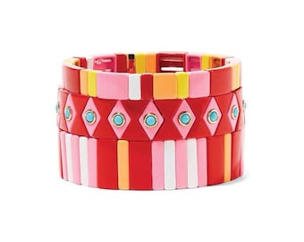 Red Pink Enamel Tile Beads, Colorblock Bracelets, Enamel Beads, Trendy Tila, Stretch Bracelets, Bohemian Bracelets, Tile Beads, Gift idea