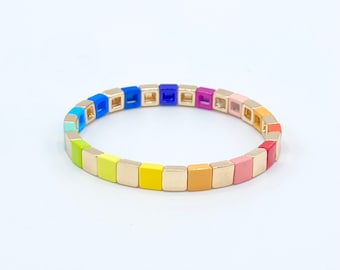 6mm Thin Gold Rainbow Tile Bracelet Sets, Colorblock Bracelets, Tile Beads Bracelets, Stacking Bracelets, Stretchy Bracelets, Boho Bracelets