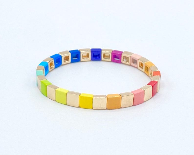 6mm Thin Gold Rainbow Tile Bracelet Sets, Colorblock Bracelets, Tile Beads Bracelets, Stacking Bracelets, Stretchy Bracelets, Boho Bracelets Rainbow