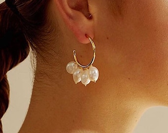 Gold Pearl Hoop Earrings Classy Evening Earrings Understated Jewelry Baroque Pearl Freshwater Earrings Hoop Gold Baroque Pearls Classic Chic