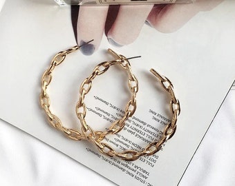 62mm Large Gold Link Hoops, Old Money Aesthetic, Gold Chain Hoop Earrings, Large Gold Hoops, Big Hoop Earrings, Chain Hoops, Hoop Earrings