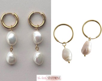 Gold Plated Minimalist Freshwater Pearl Earrings (A Pair), Baroque Pearl Earrings, Hoop Earrings, Classic Chic, Quality Pearl Earrings