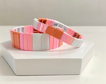 Barbiecore Bracelet, Neon Pink Enamel Tile Bracelet Sets, Colorblock Bracelets, Tile Beads Bracelets, Stacking Bracelets, Stretchy Bracelets