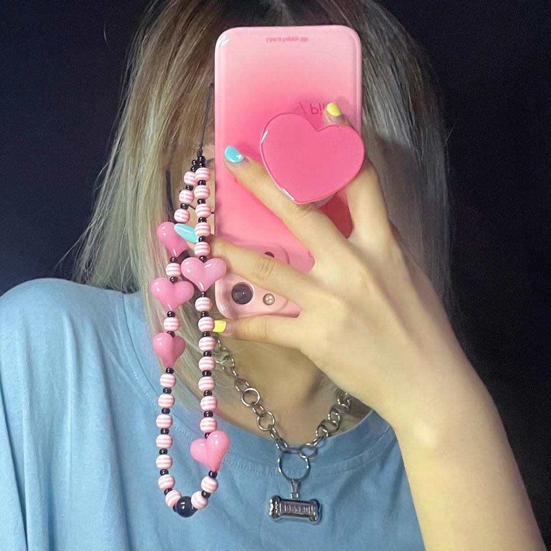 Trendy 90s/y2k Phone Chain, Hearts Phone Charm Chain, Beaded Phone