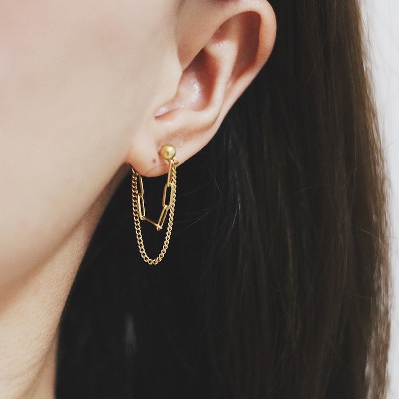 18K Gold Plated Double Chain Earrings A Pair Double Chain Etsy